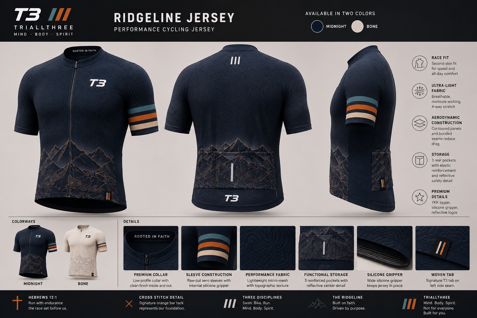 TRIALLTHREE T3, three-stripe mark, and Mind Body Spirit wordmark